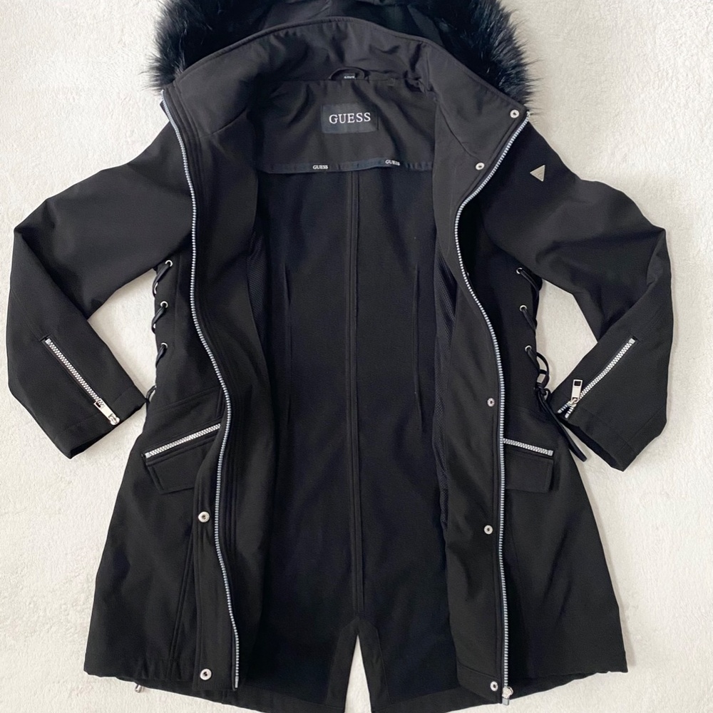 GUESS Faux-Fur Trim Lace Up Coat Women's Size XL Black - Picture 4 of 9